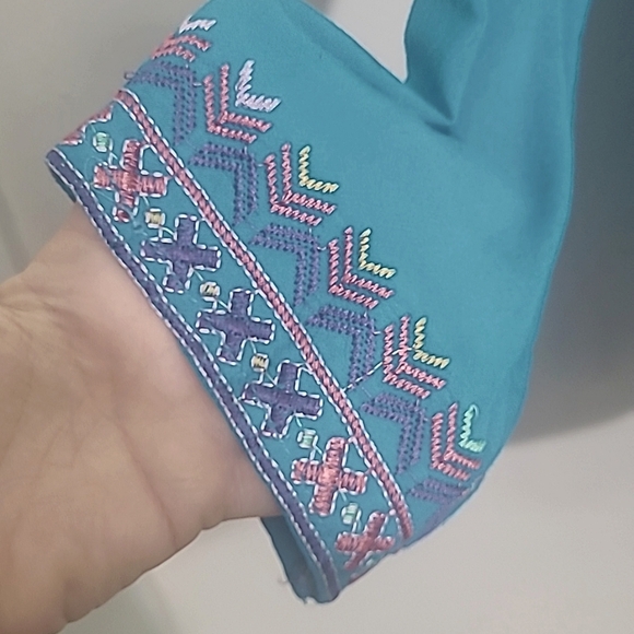 Tunic long sleeve flowy Embroidered Geometric Print 100% cotton Turquoise Teal - Picture 4 of 5
